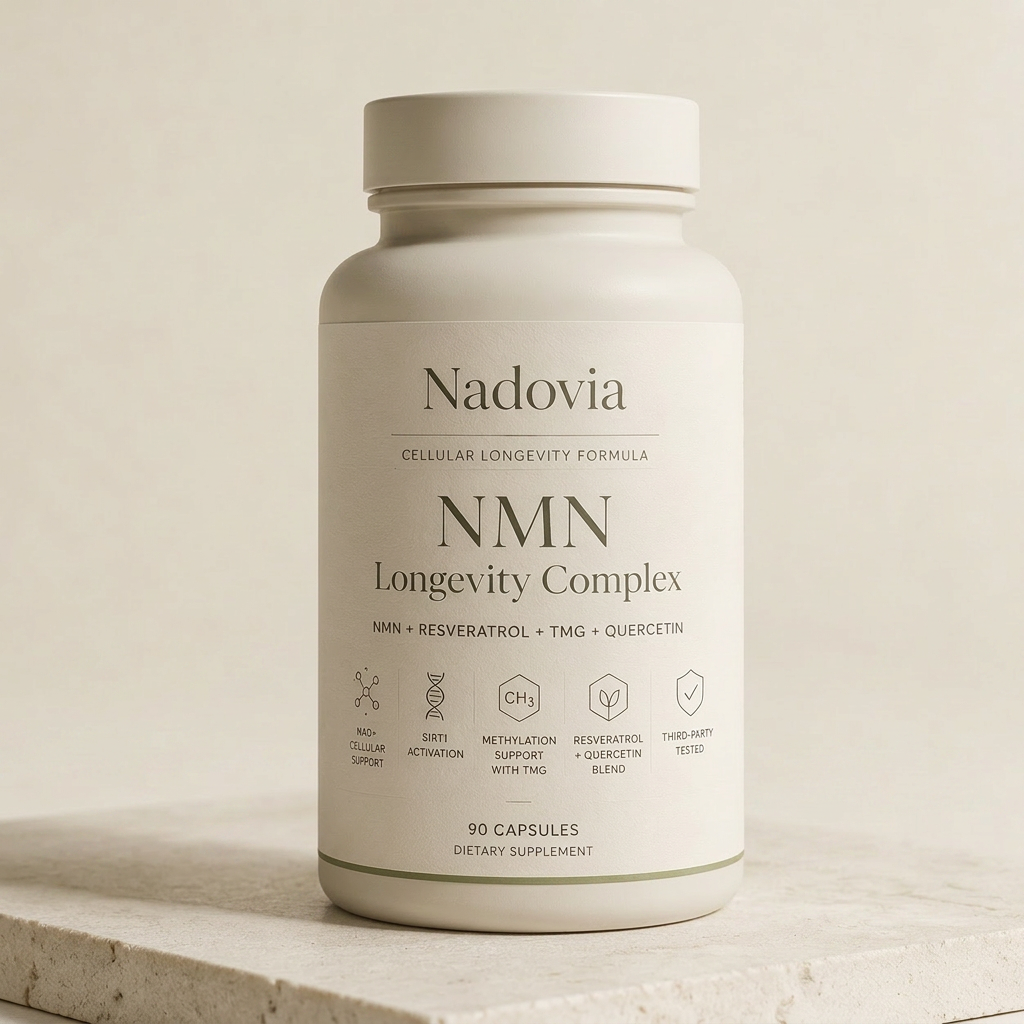 Nadovia NMN Longevity Complex bottle - 90 capsules with NMN, Resveratrol, TMG, Quercetin for cellular energy and anti-aging