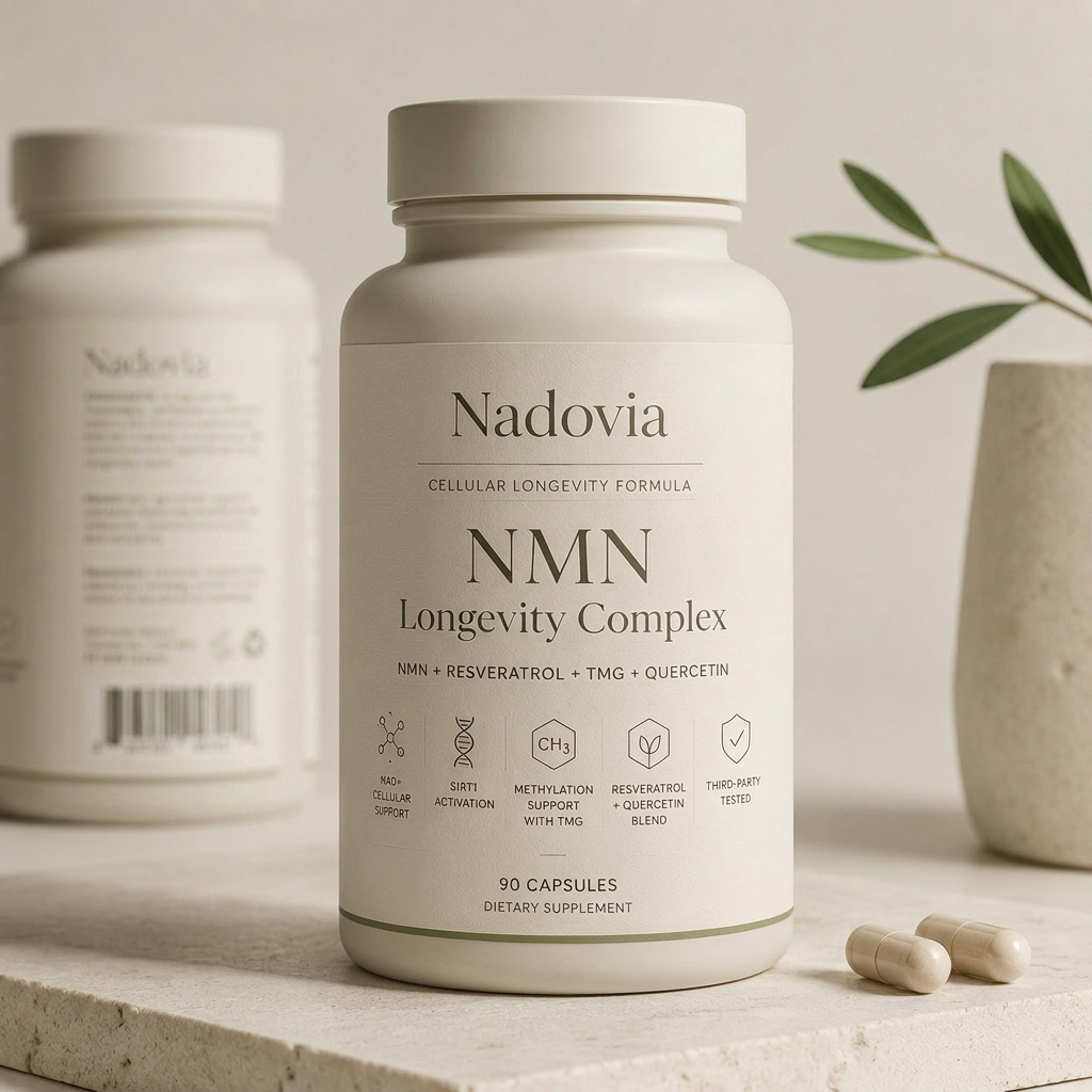 NMN Longevity Complex supplement facts label showing 500mg NMN, resveratrol, TMG, quercetin, pterostilbene per serving
